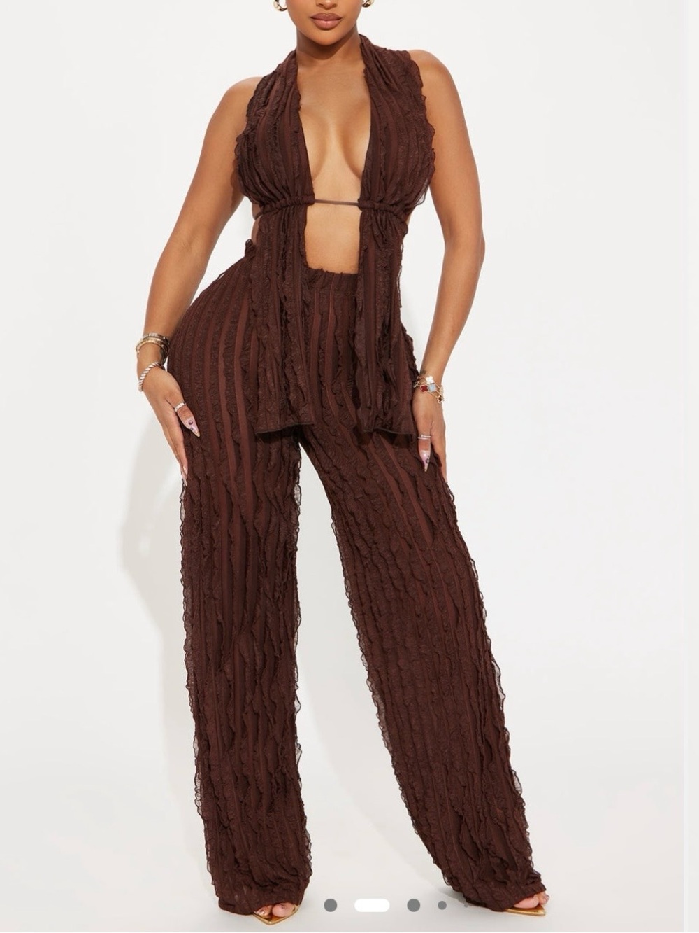 Fashion Nova Brown Textured Wide-Leg Halter Jumpsuit
